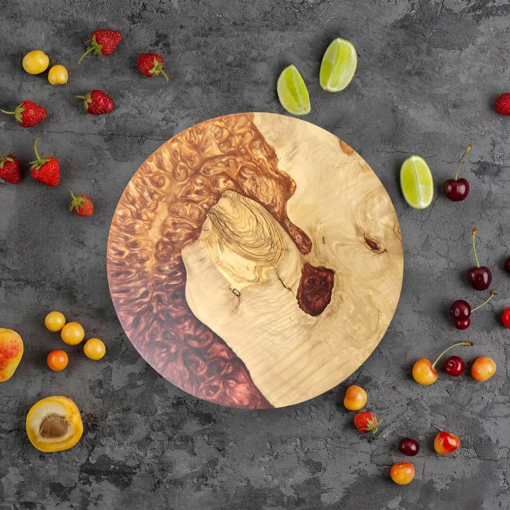 Amber Current – Round Olive Wood & Copper Epoxy Serving Board KitchenResinArt